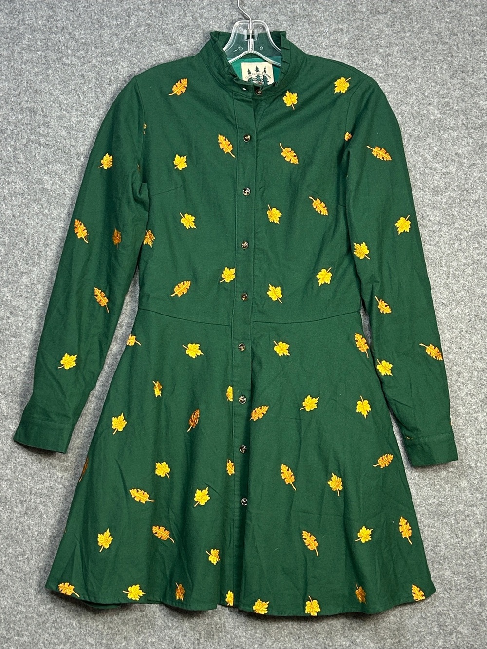 Cozy Cabin Flannels XS Green Embroidered Fall Leaf Dress Cottagecore Preppy